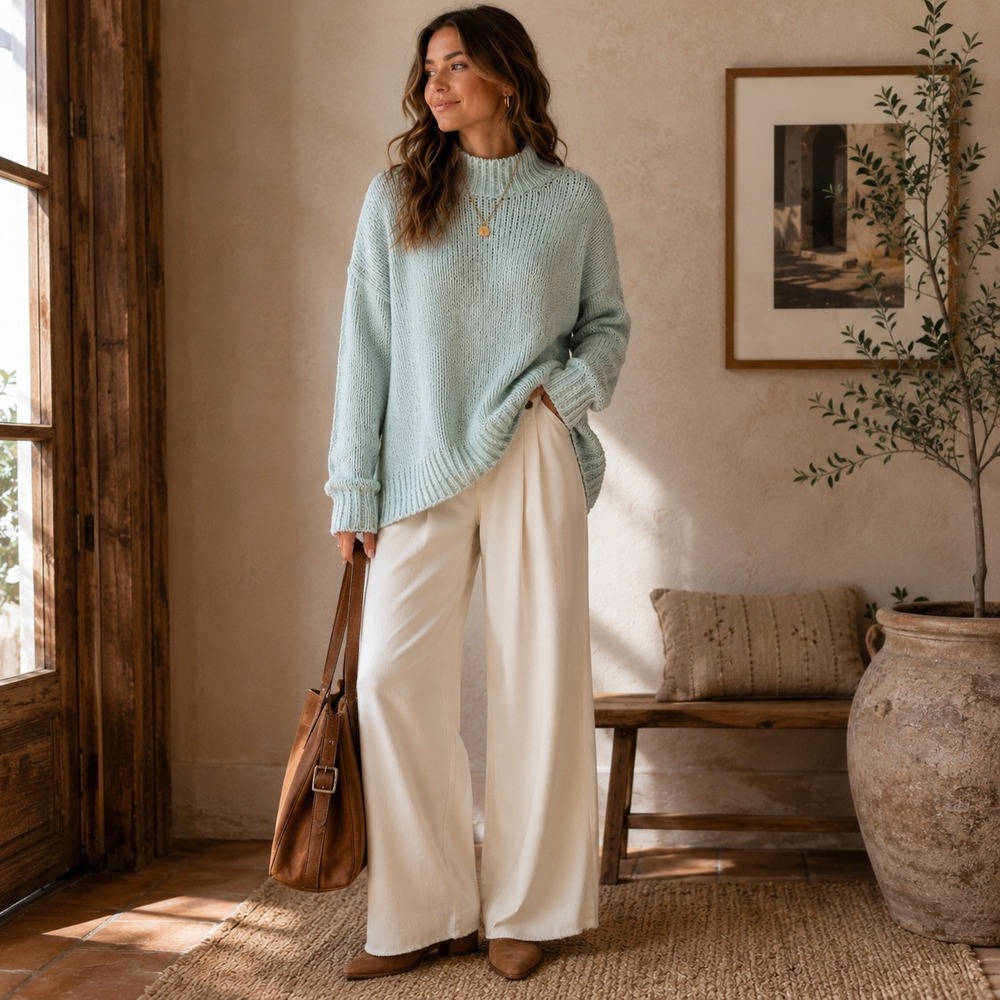 Anthropologie Chunky Knit Mock Neck Sweater Seafoam Blue Medium